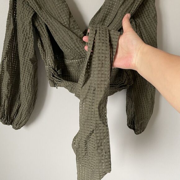 Maeve Anthropologie Crop Deep-V Blouse Waist Tie Green Women's Size 12 - Picture 11 of 13